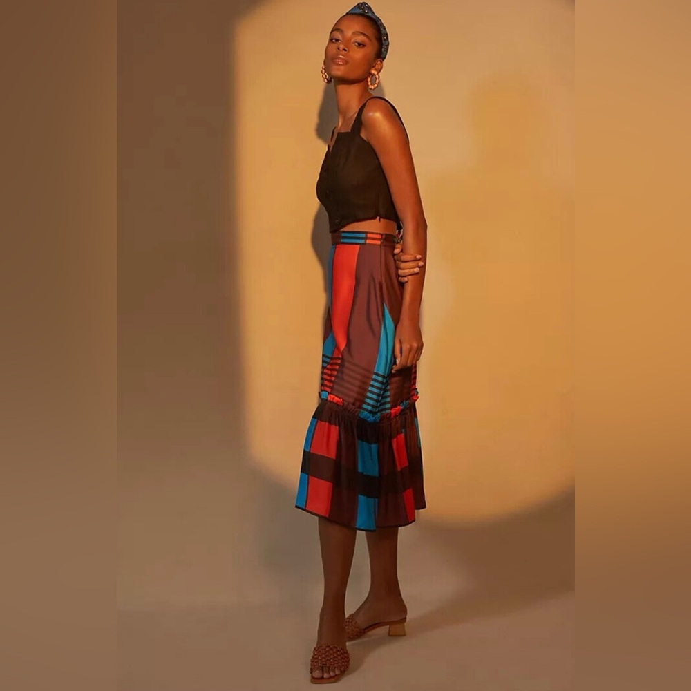 Anthropologie Eva Franco Flounced striped midi skirt with side zipper